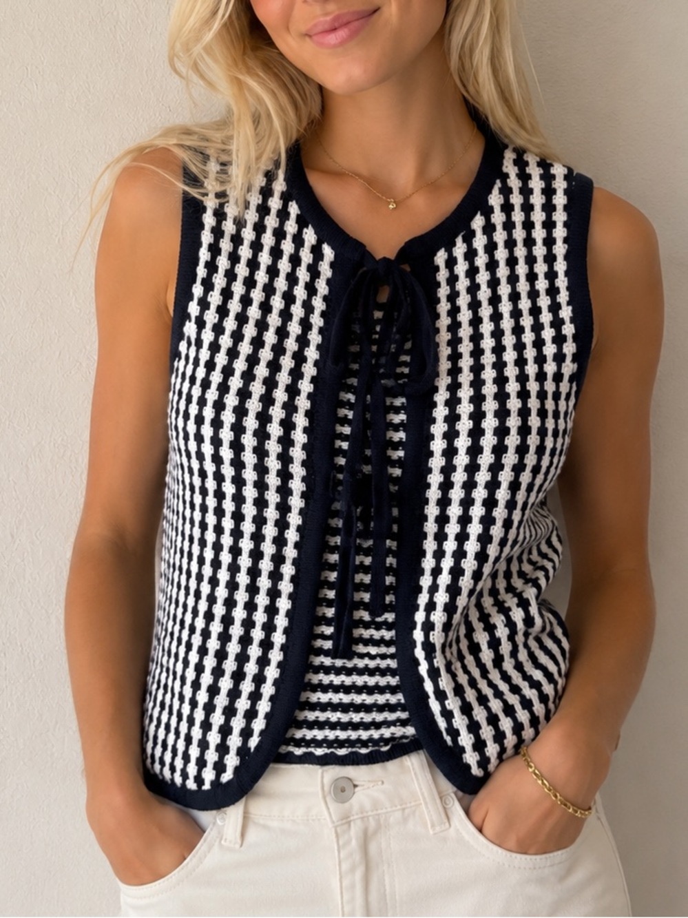 Nikka K Navy & White Knit Tie-Front Vest